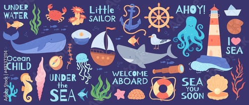 Cute marine animals, sea adventures, ocean elements with funny quotes. Underwater poster with octopus, shark, turtle, lighthouse, anchor, aquatic life vector illustration