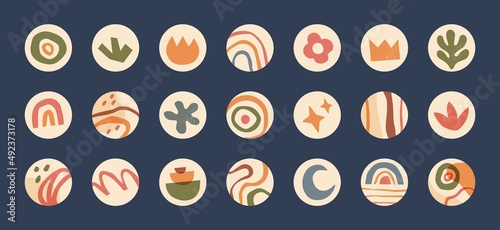 Abstract highlight covers with boho shapes and hand drawn doodles. Trendy contemporary social media story circle icons with rainbows, flowers, crown, star, and plants, stories cover vector set