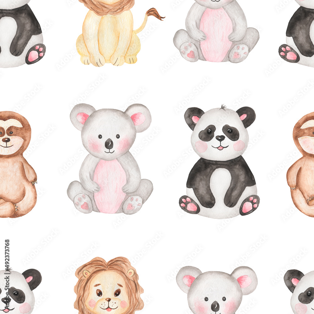 Watercolor Tropical Animal Repeat Paper, Baby panda seamless pattern, cute koala print, sloth pattern for fabric, printing design, scrapbook paper, zoo animals