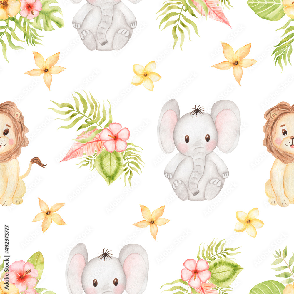 Carta da parati Watercolor Tropical Animal and florals Repeat Paper, Baby elephant seamless patt