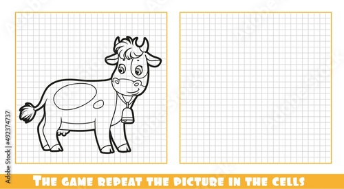 Cute cartoon cow outlined the game repeat the picture in the cells