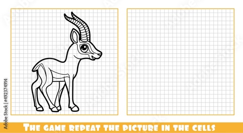 Cute cartoon gazelle outlined the game repeat the picture in the cells