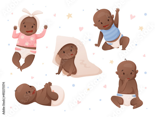 Set of vector isolated illustrations of newborn African American babies in a diaper.