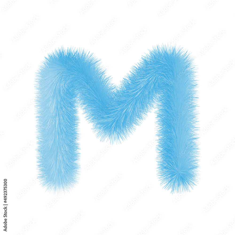 Feathered letter M font vector. Easy editable letters. Soft and realistic feathers. Blue, fluffy, hairy letter M, isolated on white background.