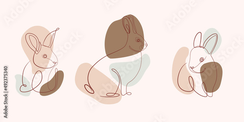 Chinese new year 2023 year of the rabbit, one line art character, simple hand drawn asian elements. (Chinese translation: Happy chinese new year 2023, year of rabbit)