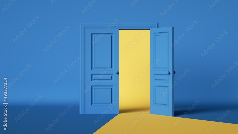 3d render, abstract background with half open blue doors and yellow light. Modern minimal scene. Ukrainian politics metaphor 3d render, abstract background with half open blue doors and yellow light. Modern minimal scene. Ukrainian politics metaphor