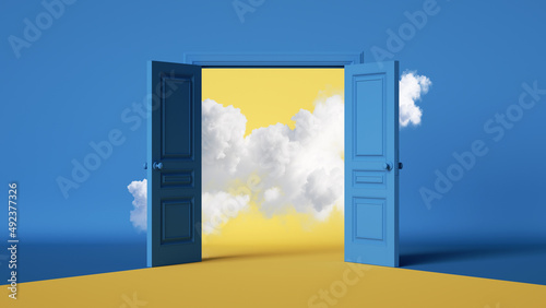 3d render, abstract background with wide open blue double doors, yellow light and white clouds. Modern minimal scene photo