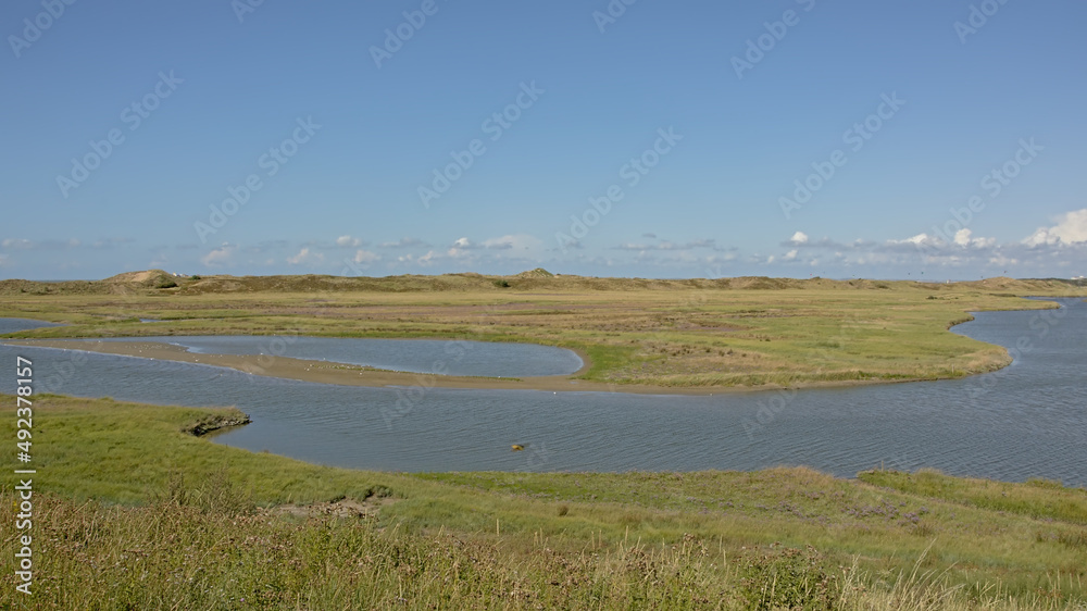 creek with saltwater and dunes on a sunny summer day in Het Zwin nature reserve, Knokke, Flanders, Belgium creek with saltwater and dunes on a sunny summer day in Het Zwin nature reserve, Knokke, Flanders, Belgium