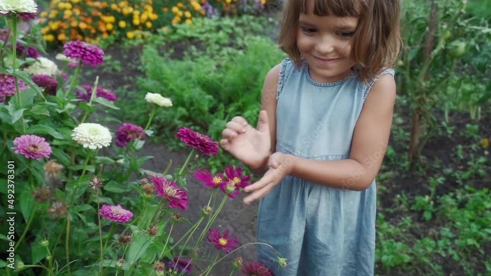 Happy little girl rejoices in the flowers in the garden. Funny Kid touches flowers with his hands, wants to pick a bouquet of flowers Happy little girl rejoices in the flowers in the garden. Funny Kid touches flowers with his hands, wants to pick a bouquet of flowers