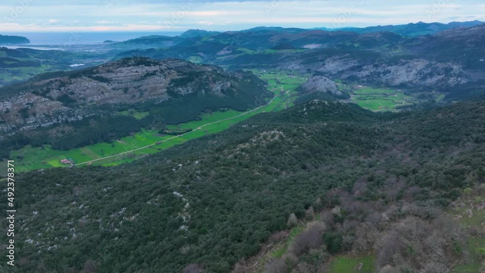 View of the Ruesga Valley and the bay of Santoña from the surroundings of Hoyo Lusa. Municipality of Ruesga in the autonomous community of Cantabria, in the Asón-Agüera region, Sp