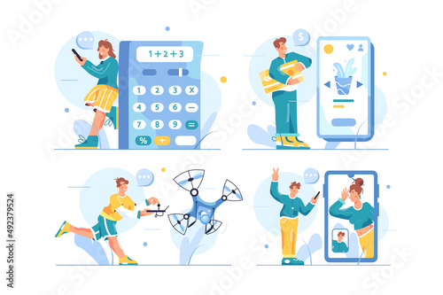 Count on calculator, shop online, video call, quadcopter