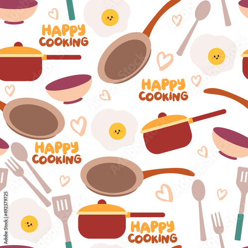 seamless pattern hand drawing cartoon kitchen set and cooking. for kids wallpaper, fabric print, textile, gift wrapping paper