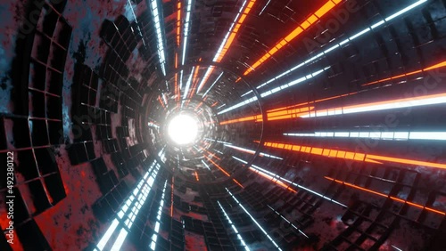 moving towards bright light in end of tunnel futuristic with colorful rays. depict hope or better world. 4k video footage