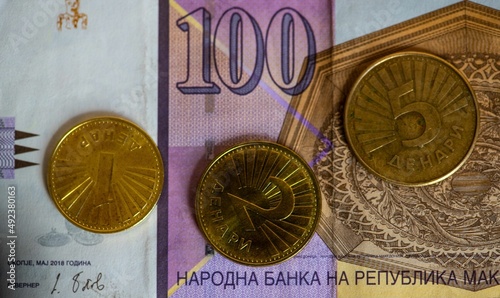 фотографія Macedonian bank notes and coins in close up