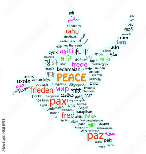 Pecae word cloud in many language. Saying Peace in Different countries. Pigeon flying