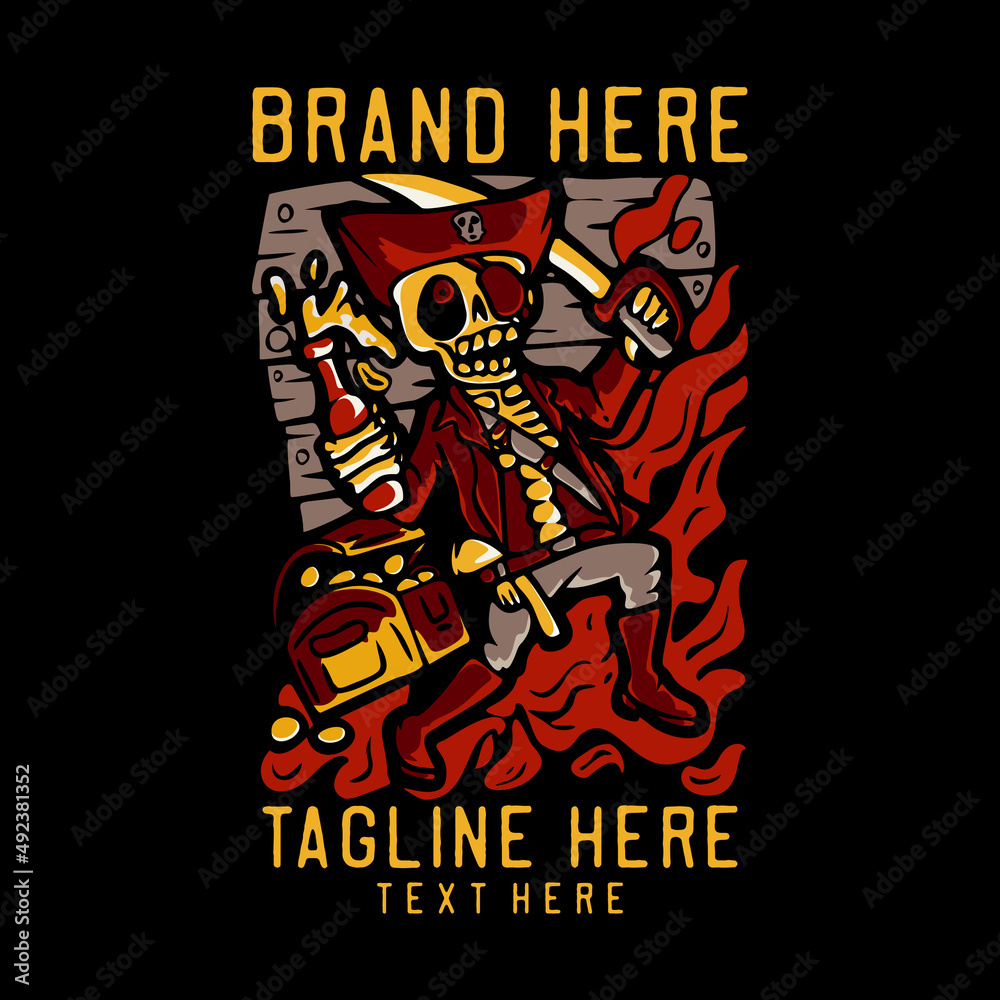 skeleton pirate carrying sword while holding beer vintage t shirt design template