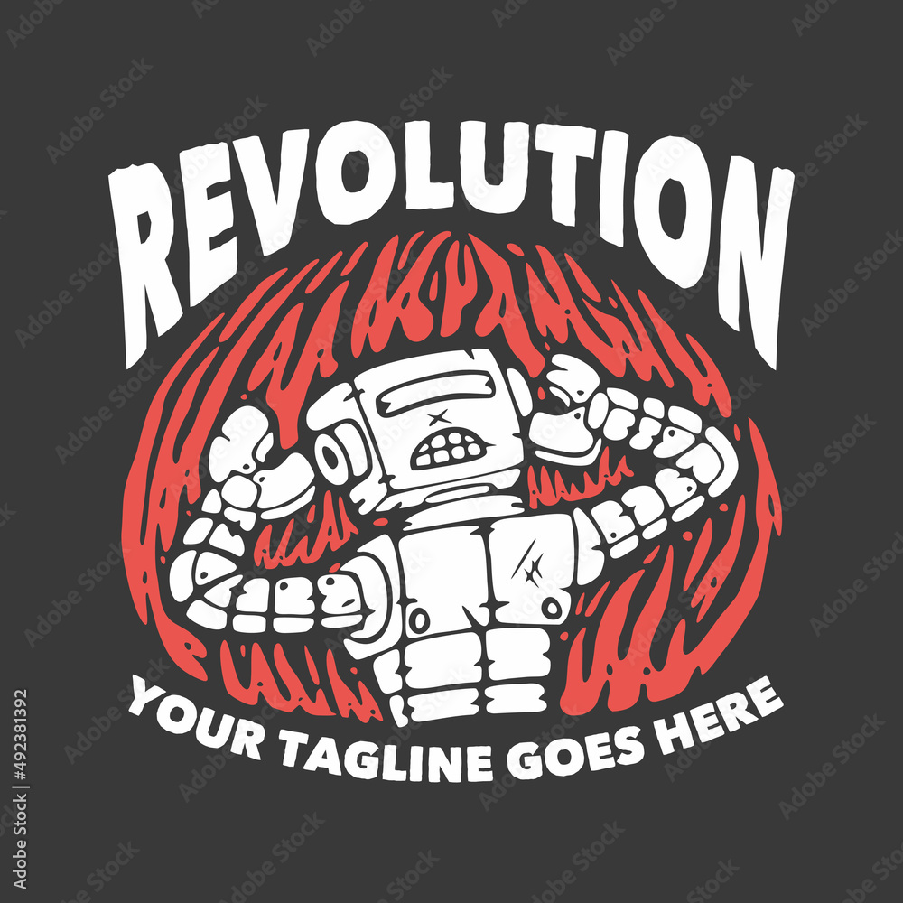 t shirt design revolution with robot and gray background vintage illustration