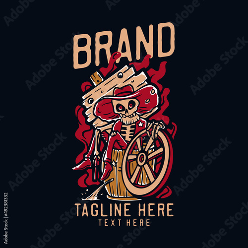 skeleton cowboy on the beer barrel vintage t shirt design template