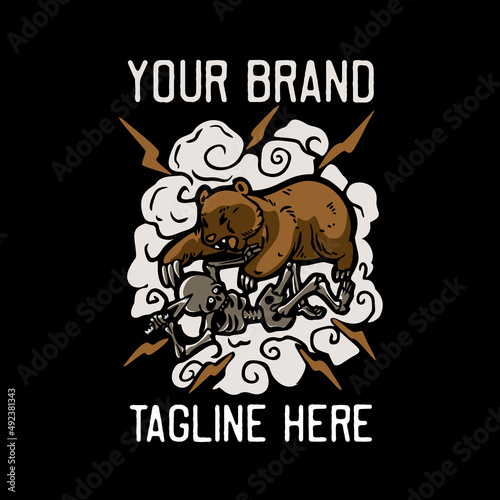 skeleton attacked by bear vintage t shirt design template