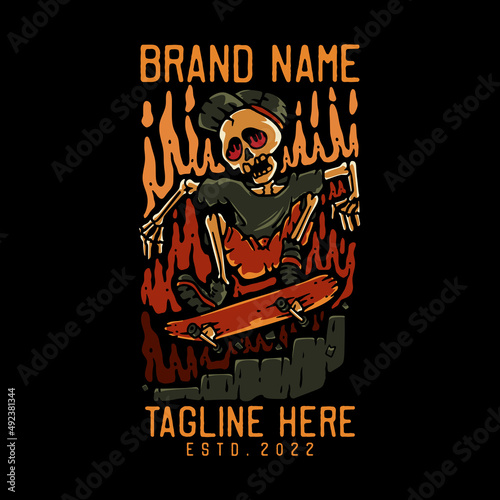skeleton riding skateboard vintage t shirt design template