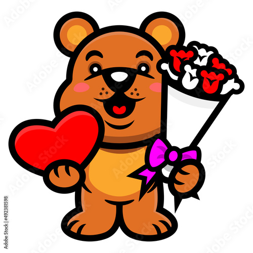 Cartoon illustration of Cute Teddy Bear carrying chocolate in heart shape box and flower bucket, best for mascot, logo, and decoration with valentines themes