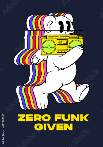 walking bear illustration with boombox in funky colors