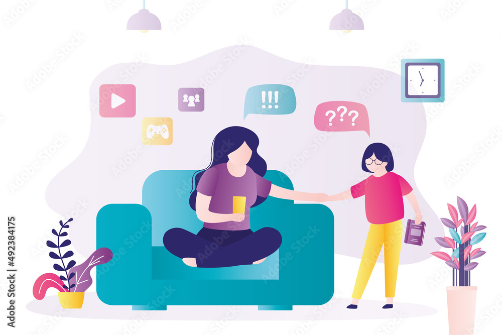 Daughter needs help with homework. Mom has internet addiction. Child wants attention of parents. Woman uses mobile phone. Cyber addiction concept. Family problems. Social issues. Daughter needs help with homework. Mom has internet addiction. Child wants attention of parents. Woman uses mobile phone. Cyber addiction concept. Family problems. Social issues.