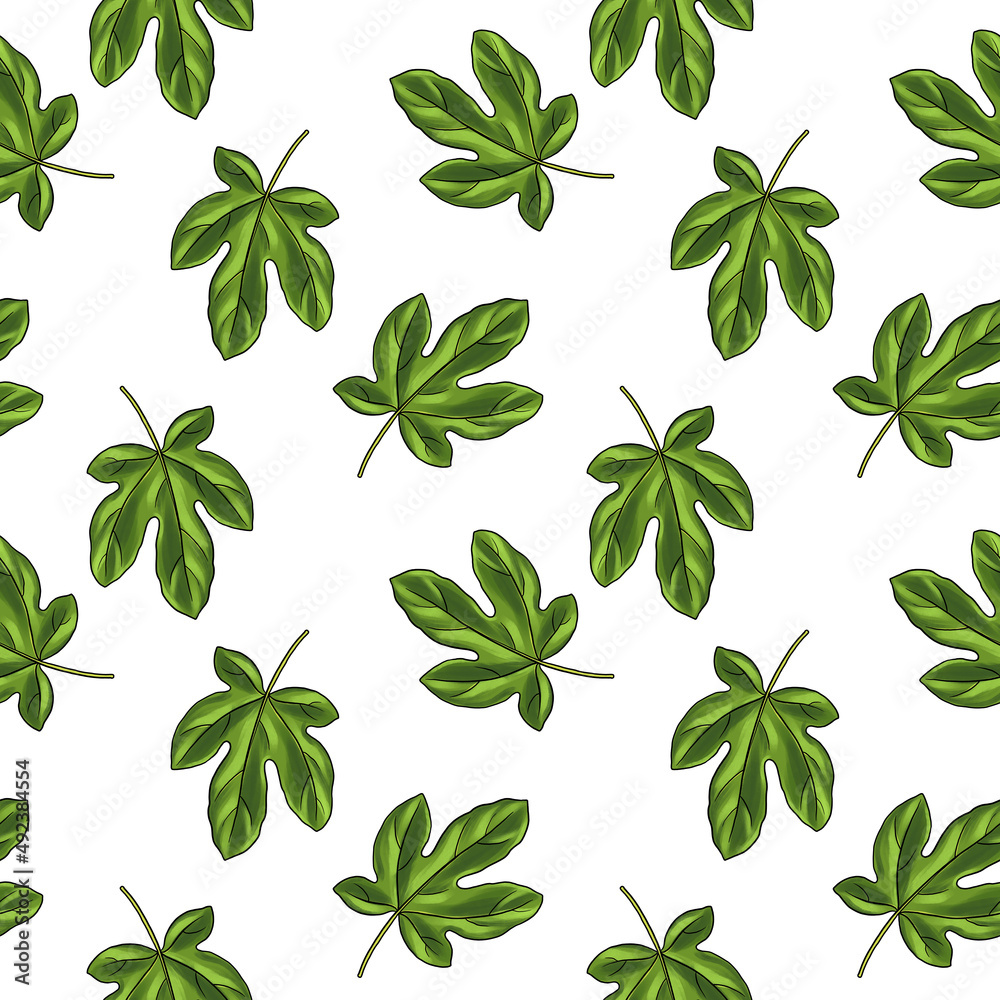 Obraz premium seamless pattern with drawing leaf of fig tree,green leaves at white background, hand drawn illustration