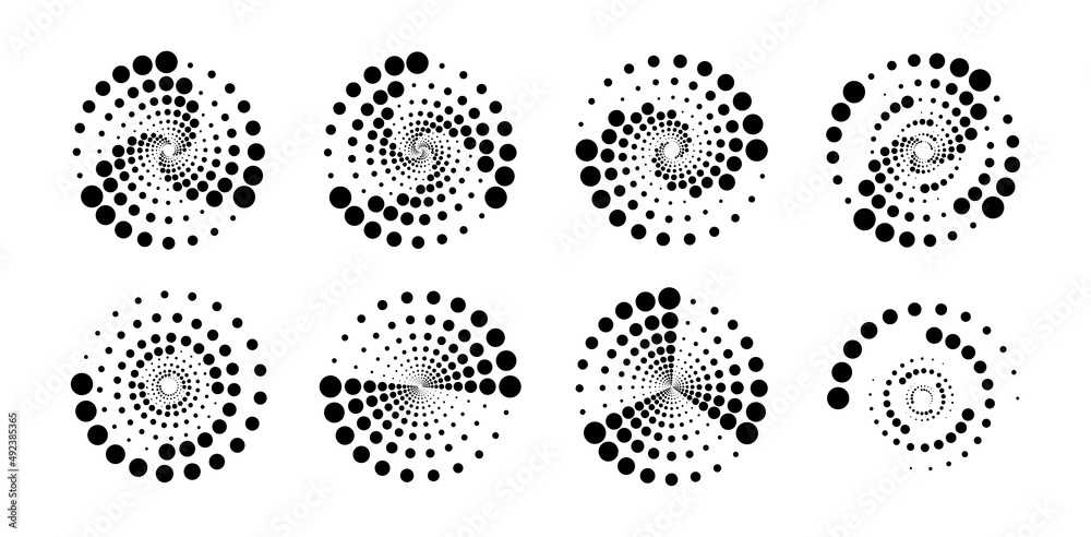 Dotted spiral halftone circle collection. geometric design for for frame, logo, tattoo, web pages, prints etc. Vector EPS 10