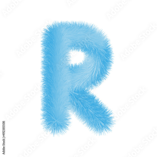 Feathered letter R font vector. Easy editable letters. Soft and realistic feathers. Blue  fluffy  hairy letter R  isolated on white background.