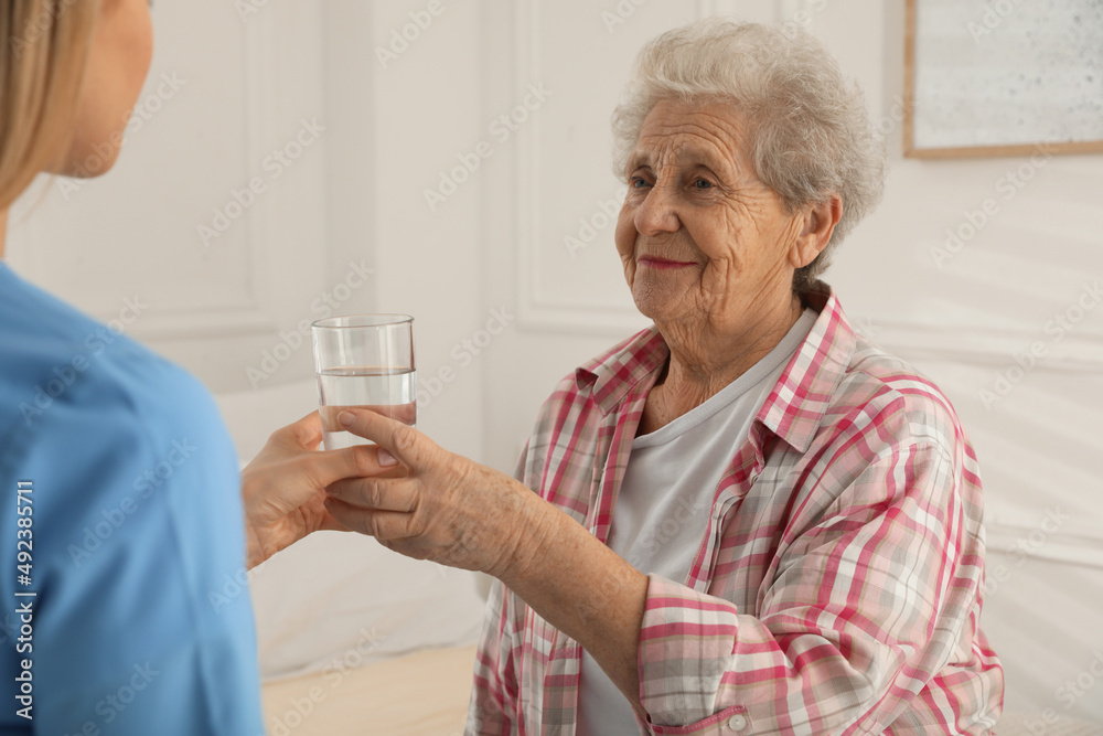 Young caregiver giving water to senior woman in room. Home care service Young caregiver giving water to senior woman in room. Home care service