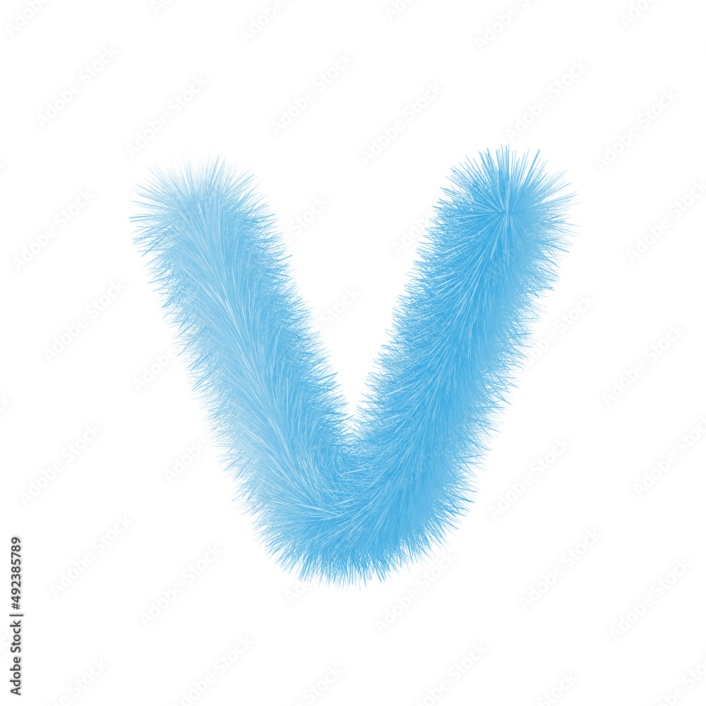 Feathered letter V font vector. Easy editable letters. Soft and realistic feathers. Blue, fluffy, hairy letter V, isolated on white background.