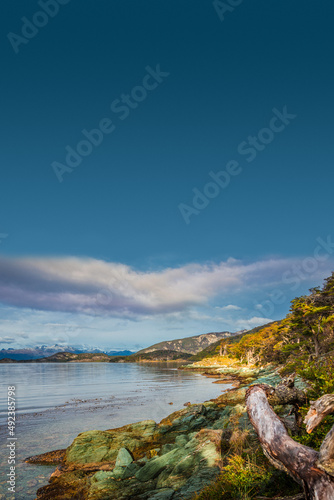 Cover page over beautiful sunset at Ensenada Zaratiegui Bay in Tierra del Fuego National Park, Beagle Channel, Patagonia, Argentina, early Autumn.