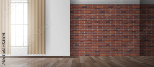 modern interior empty room with brick wall  window curtains wooden floor mock up vector illustration