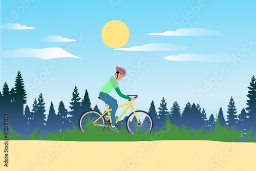 Vector illustration of a cyclist riding a bicycle on a forest road