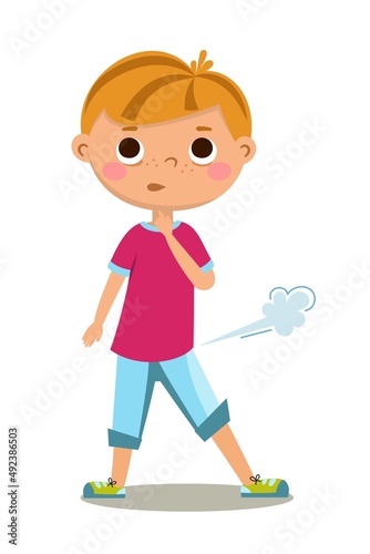 Cute boy farted spoiled the air. Vector illustration isolated on a white background