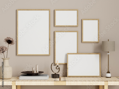 Gallery frame mockup in modern boho living room interior, poster mockup, 3d render