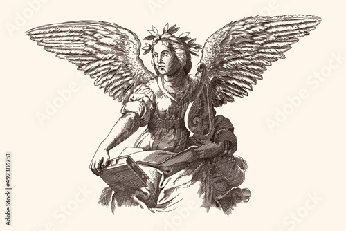 Woman angel with wings and a laurel wreath on her head with a book and a lyre in her hands. Medieval engraving isolated on a beige background.
