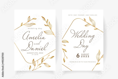 Wedding invitation template with beautiful leaves and geometric golden frame Vector illustration