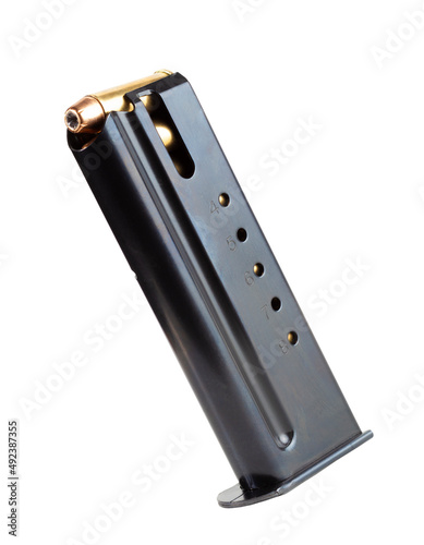 Loaded pistol magazine on white