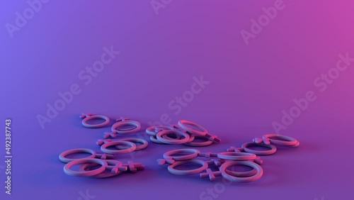 Female gender symbol falling down on purple pink background with blank copy space to insert text, concept of feminism and women's empowerment , Full HD