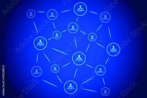 DAO, Decentralized autonomous organization concept design. Businessmen connected to each other with smartphone, laptop and tablet on blockchain network.