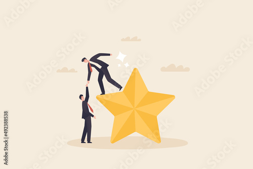 Ideas to help allies reach the top of the stars. mentor or coaching to success in work, trusted partnership or team collaboration concept