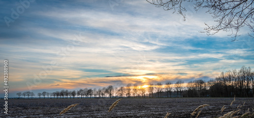 Niebieskie niebo o zachodzie słońca nad farmą