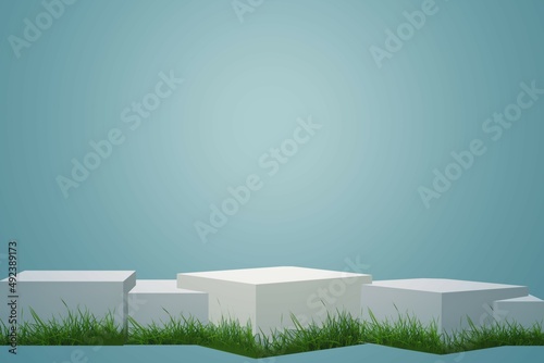 white platform platform decorated with grass blue green background 3d illustration