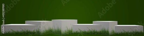 Platform pedestal decorated with green grass background 3D illustration