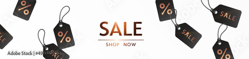 Sale, shop Now banner. Realistic labels with golden discount, percent tags. Vector white promotion background, poster, special offer or Black Friday header