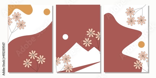 Set three pieces of flowers wall art. Moon and sun boho wall Decorations. Scandinavian Minimal wall decor. Organic Shapes home Decorations, poster, social media, invitation, template and background.