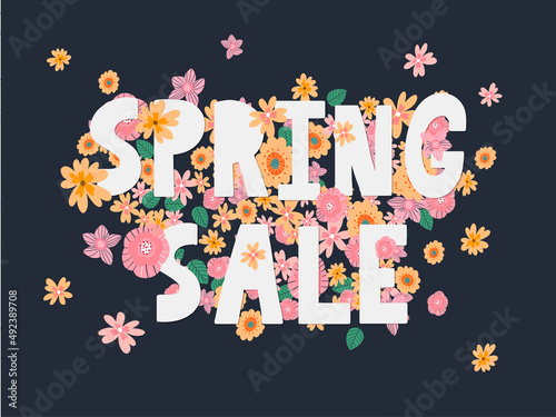 Hello Spring hand logotype  badge typography icon. Lettering spring season with leaf for greeting card  invitation template. Retro  vintage lettering banner poster template background  Sale  offer
