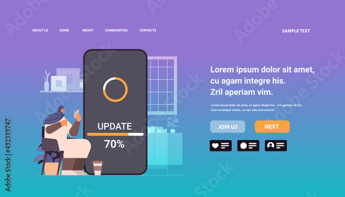 arab woman updating operating system update process install new software on smartphone horizontal